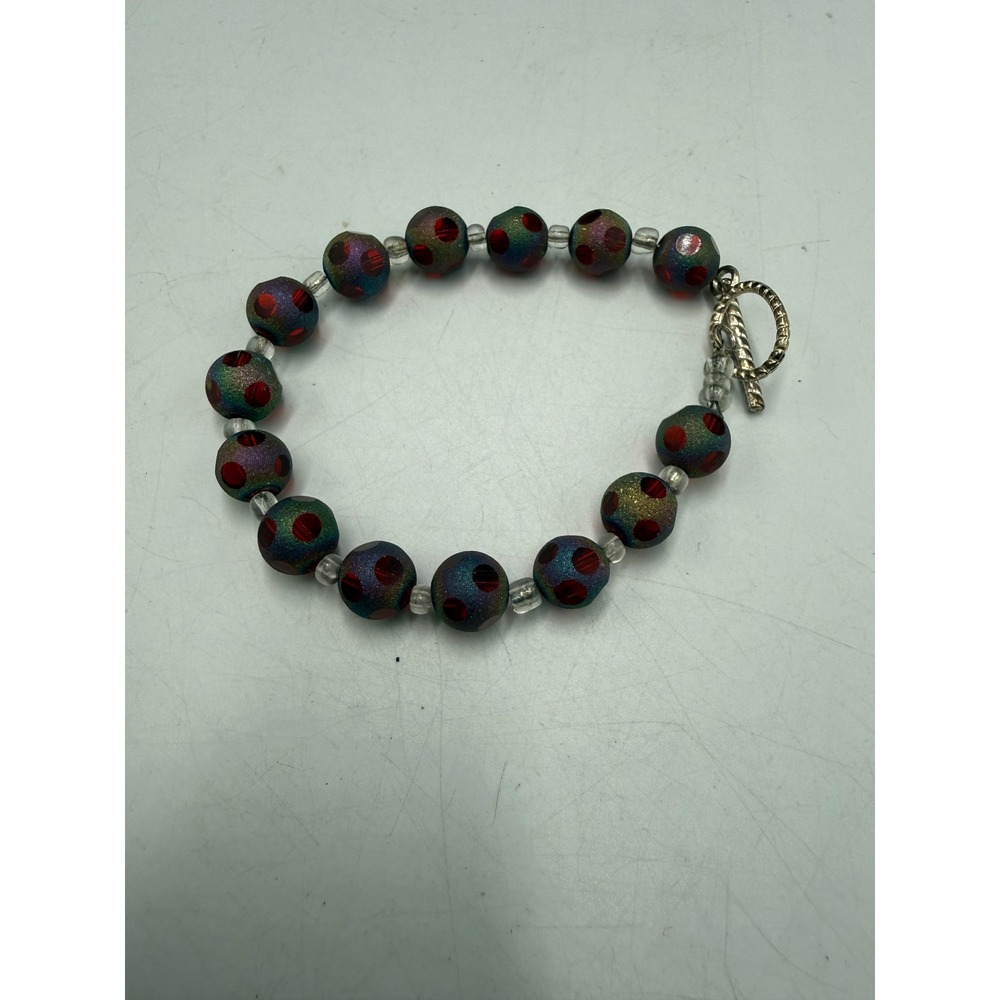 Iridescent Red Polka Dot Beaded Bracelet Silver Tone Toggle Clasp 8.25 Inch